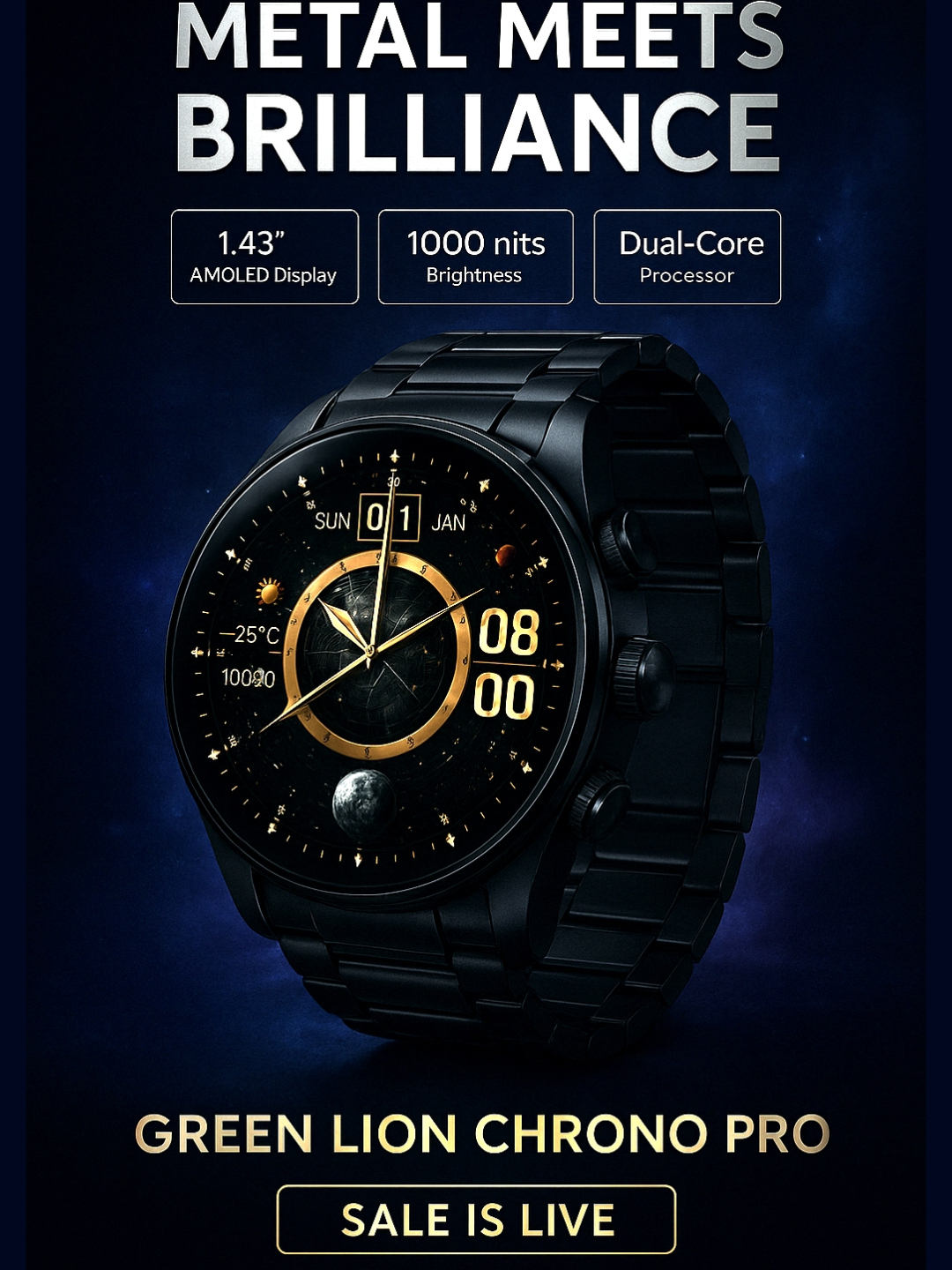 Green Lion Chrono Pro Smart Watch Умные Часы | Черный Цвет | 1.60" AMOLED Дисплей |