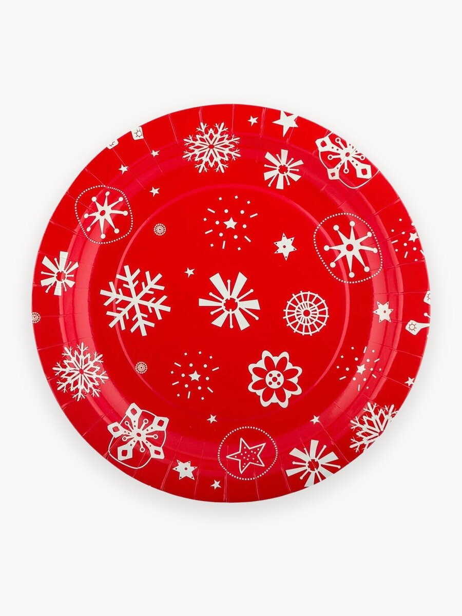 Тарелки бумажные 36 шт. d18 см "BOOMZEE" "Круглые" TRL-01 №10- снежинки на красном фоне