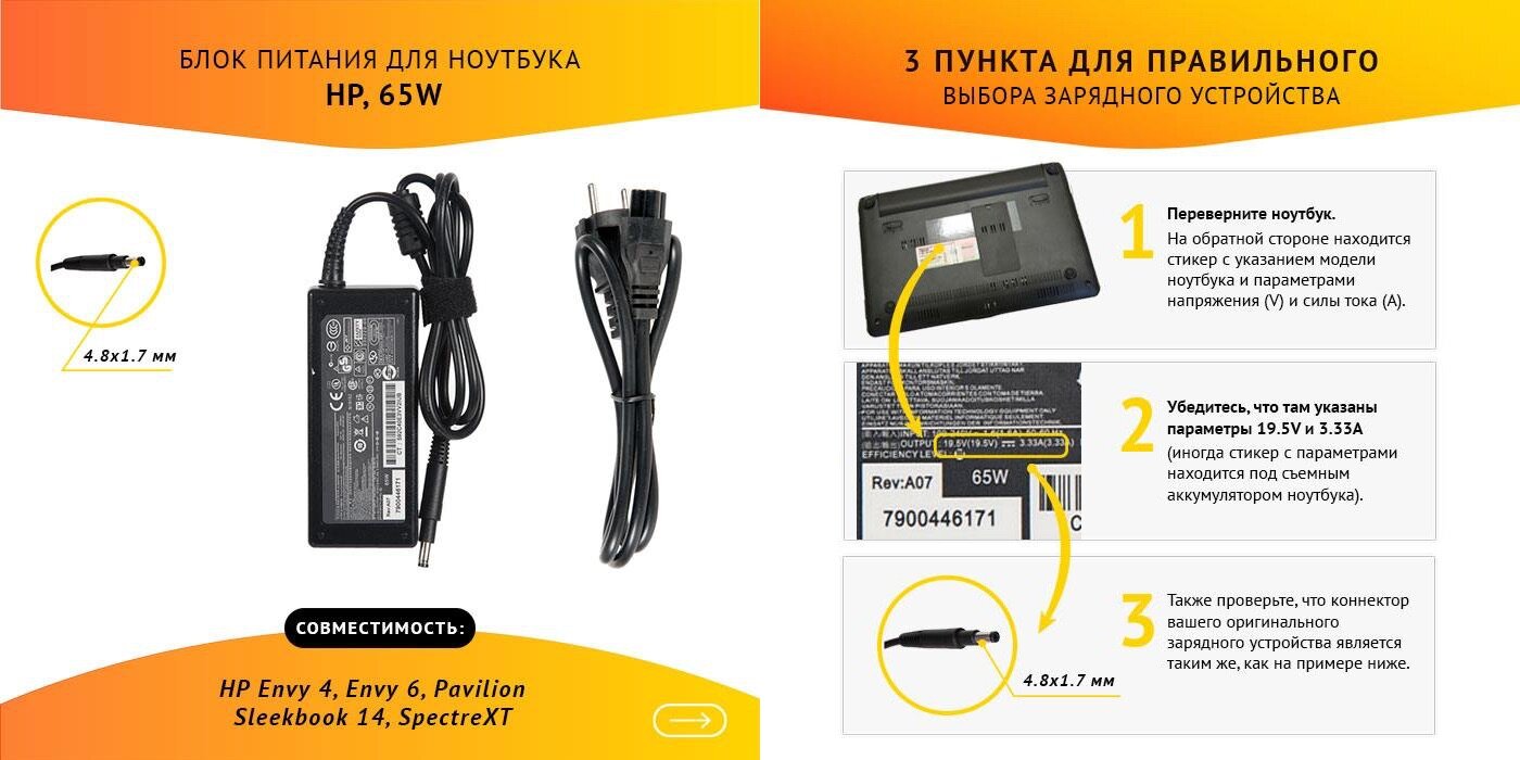 Блок питания (PA-1650-02HC ) ( зарядка ) ZeepDeep для ноутбука HP Envy 4, 19.5V, 3.33A, 65W, 4.8х1.7 с кабелем