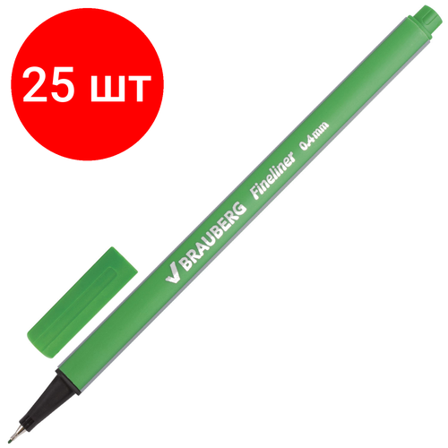 Комплект 25 шт, Ручка капиллярная (линер) BRAUBERG Aero, светло-зеленая, трехгранная, металлический наконечник, линия письма 0.4 мм, 142250