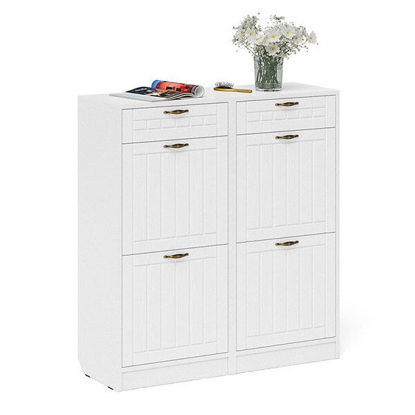 фото Прихожая П-6 Тумба для обуви 2 секции + Тумба для обуви 2 секции, цвет белая шагрень/фасады МДФ белое дерево фрезеровка прованс