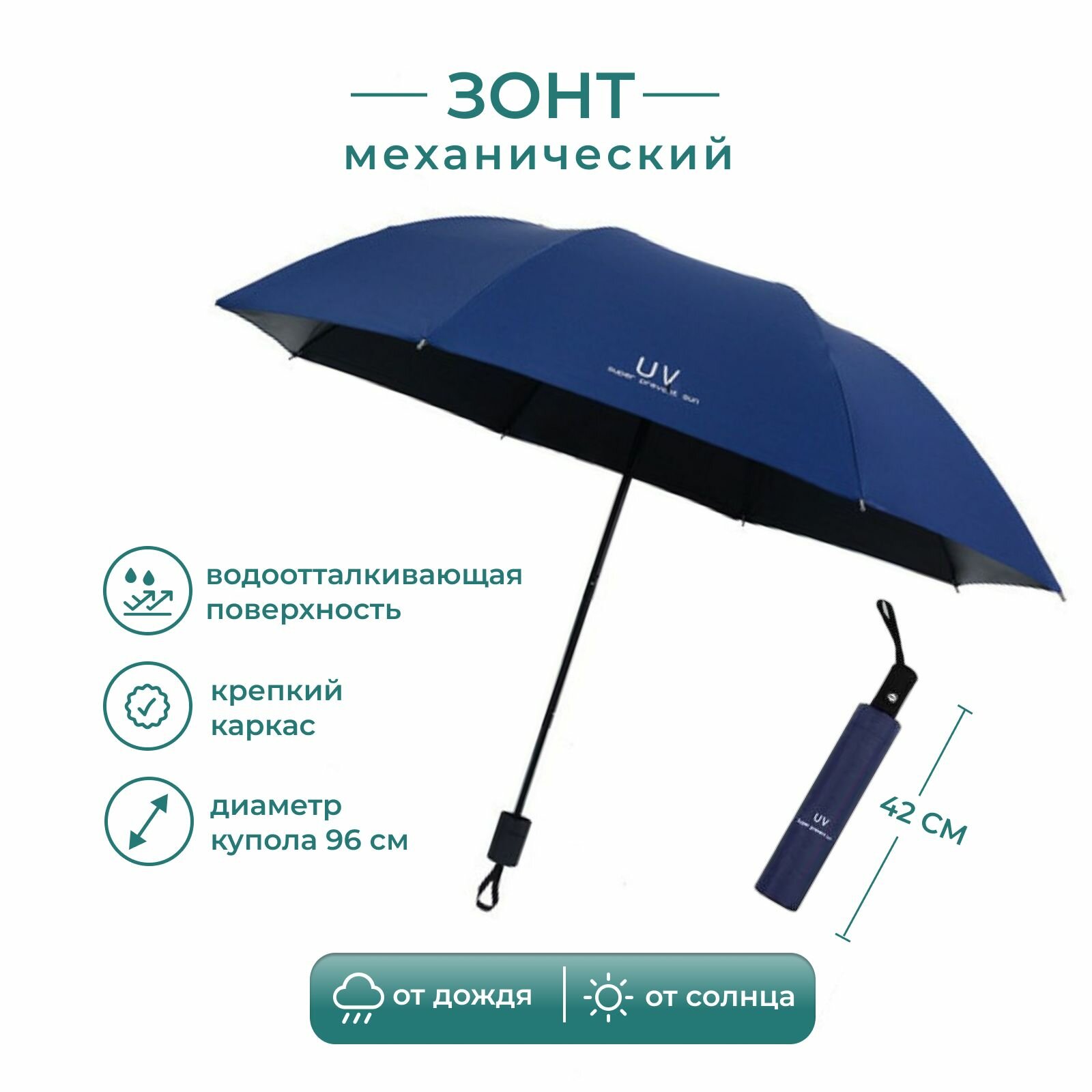 фото Зонт складной механический, синий