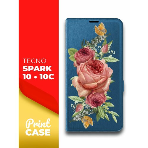 Чехол на Tecno Spark 10/ 10C (Техно Спарк 10/10С) синий книжка эко-кожа подставка отделение для карт и магнитами Book case, Miuko (принт) Розовые Розы чехол на tecno spark 10 10c техно спарк 10 10с синий книжка эко кожа подставка отделение для карт магнит book case miuko принт russian bear