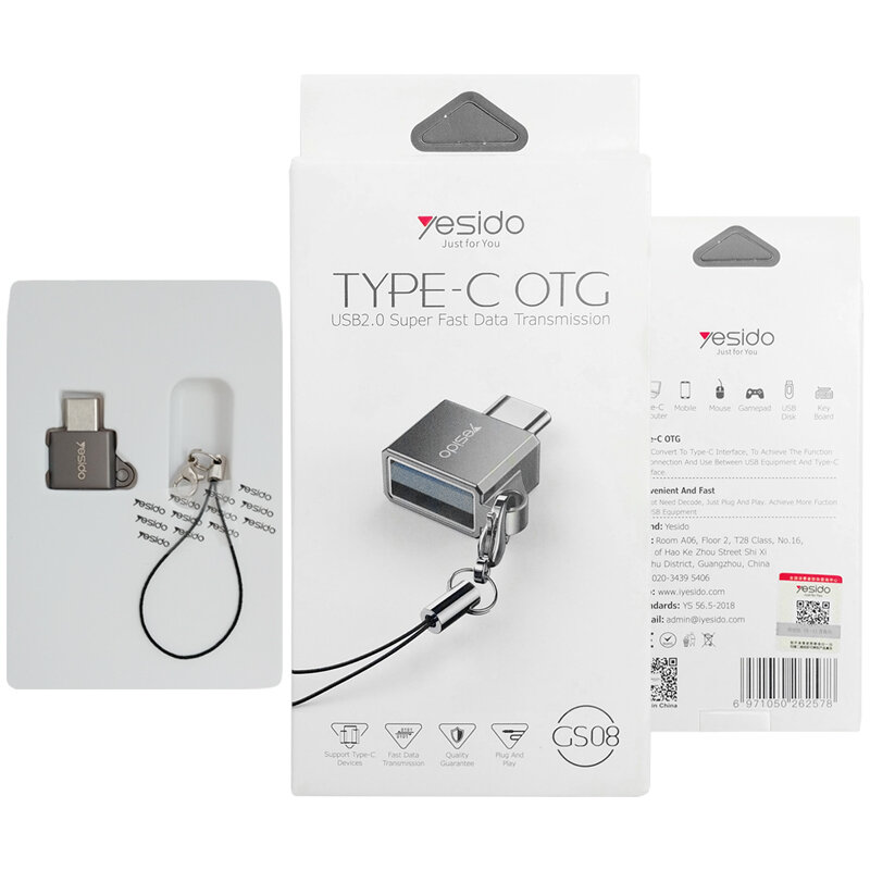 Переходник адаптер Yesido GS08 OTG, Type-C (M) to USB2.0 (F), Серый