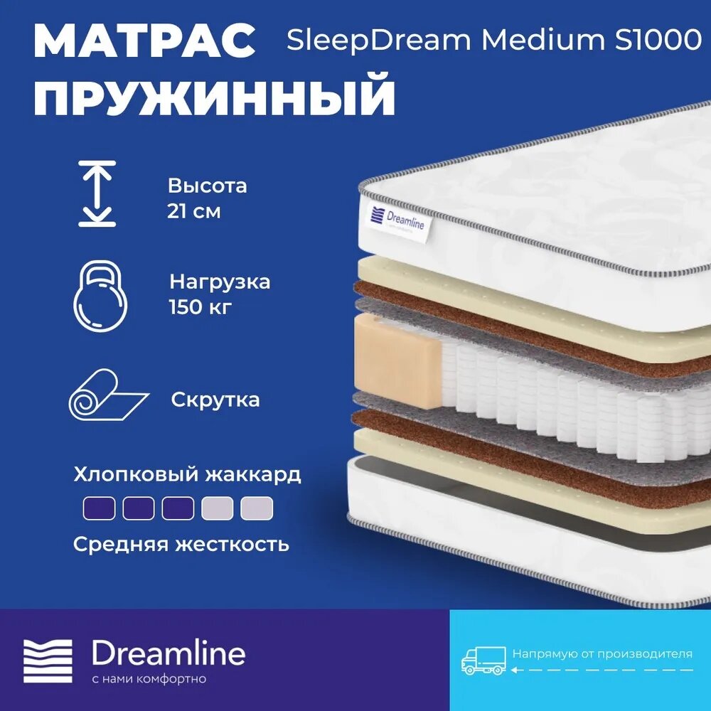 Матрас Dreamline SleepDream Medium S1000 (х/б жаккард) независимые пружины 190x190 см