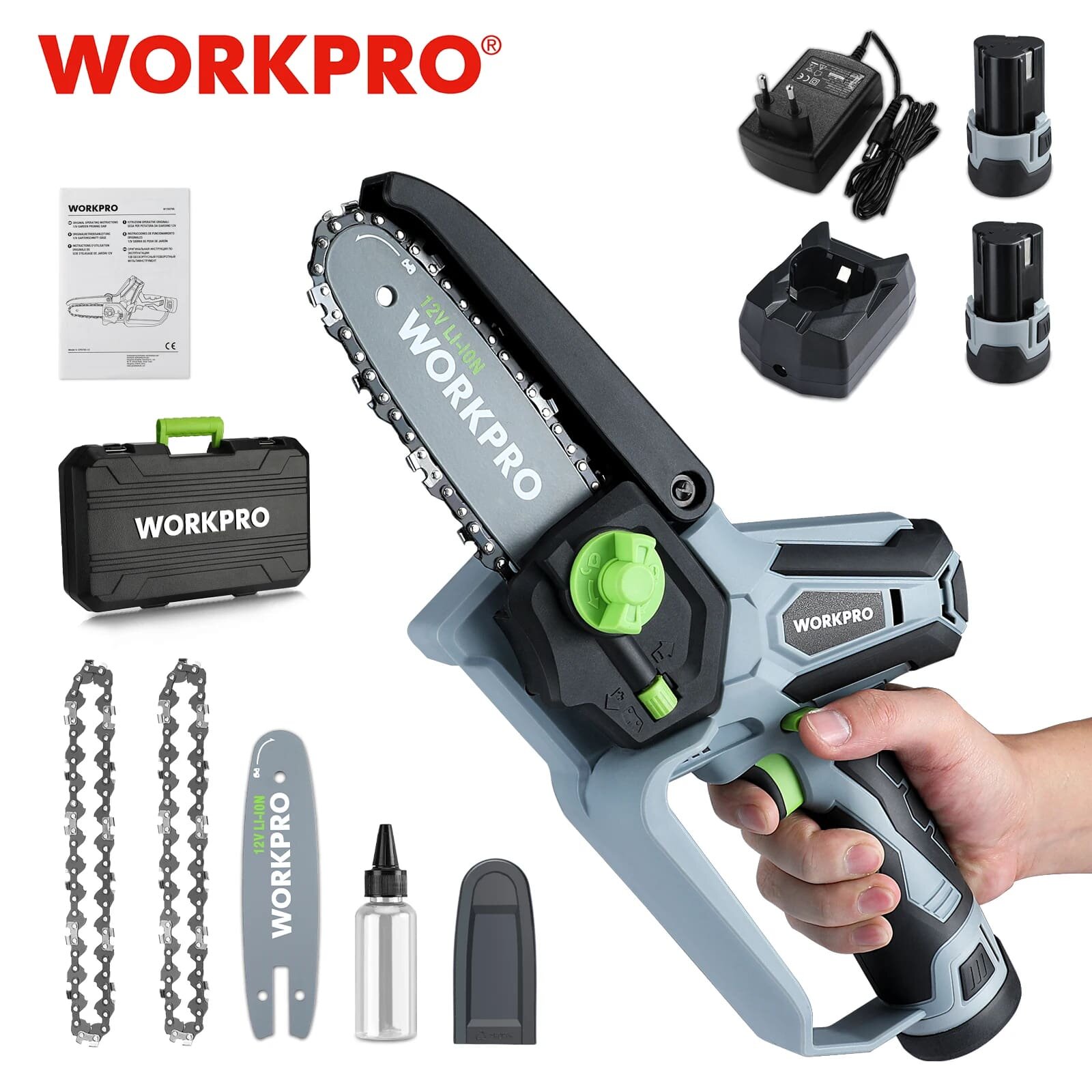 Мини пила цепная аккумуляторная WorkPro садовая - фотография № 1