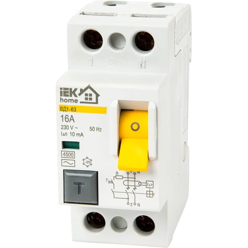 фото УЗО Iek Home ВД1-63 1P N 16 A 10 мА 4.5 кА AC MDV13-2-016-010