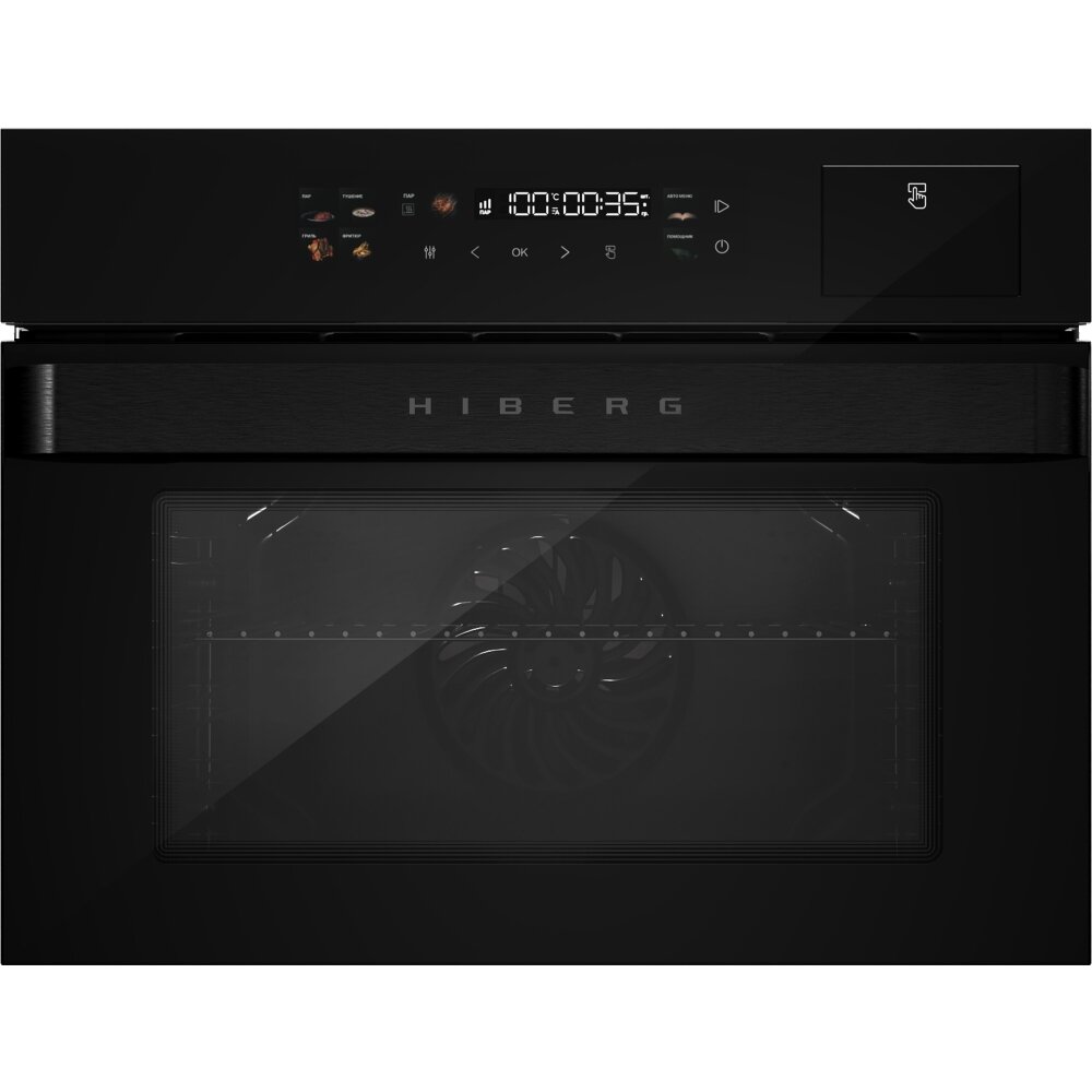 фото Духовой шкаф HIBERG S-VMF 5515 B SMART, встраиваемый, с паром, 63 рецепта, объем 47 литров, гриль, фритюр, LED и TFT–дисплеи, цвет черный, стеклянный фасад