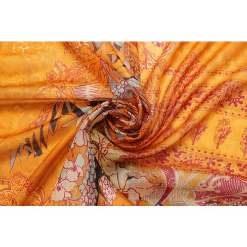 фото Ткань шёлк-перламутр etro в ярко-жёлтых, малиновых тонах с цветочным узором и продольной блестящей ниточкой, ш144см, 0,5 м