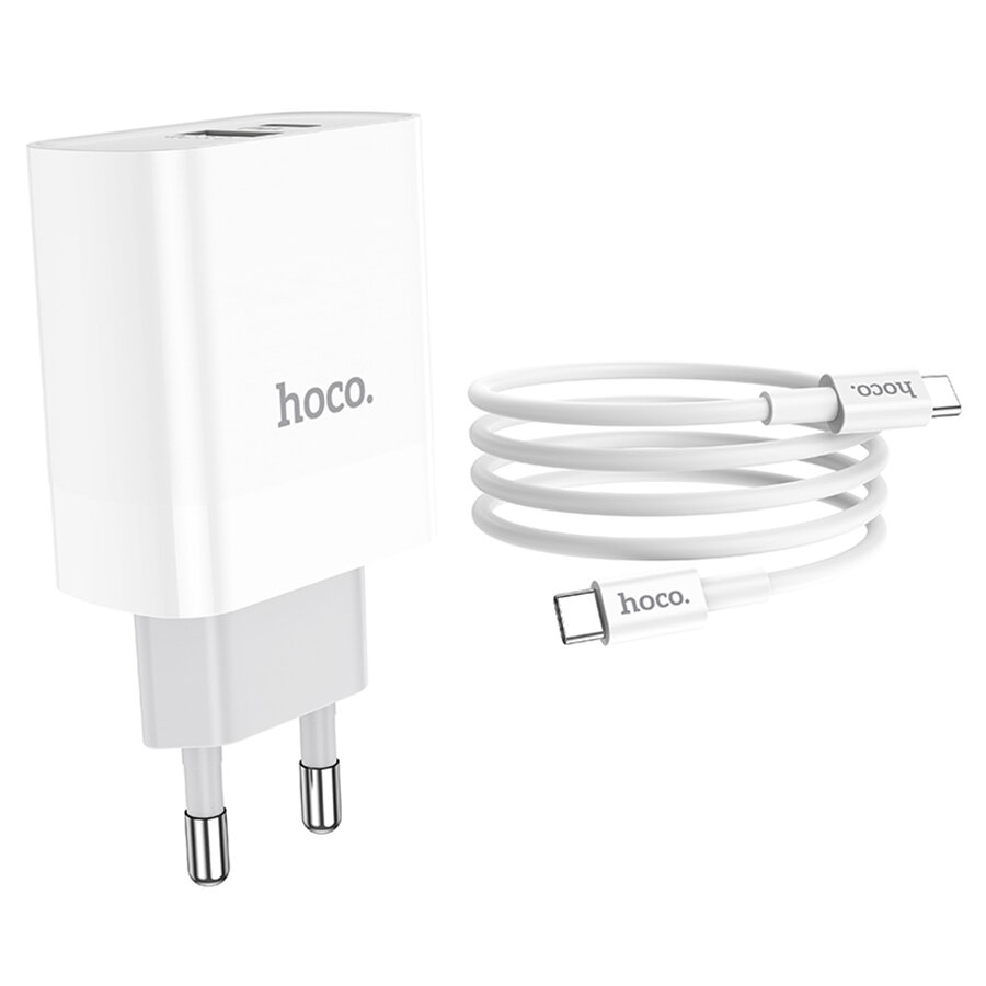 Сетевое зарядное устройство HOCO C80A Rapido 1xUSB + 1xUSB-C с Кабелем Type-C - Type-C, 3.1A, 20W, белый