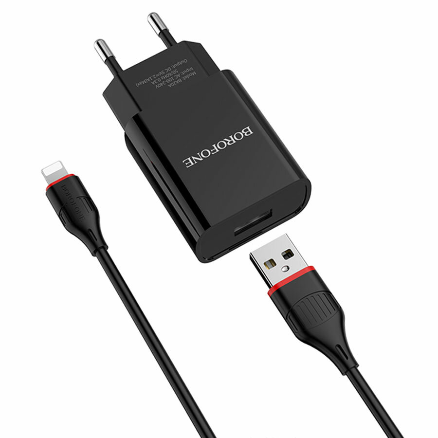 Сетевое зарядное устройство BOROFONE BA20A Sharp 1xUSB с Кабелем USB - Lightning, 2.1A, 10W, черный