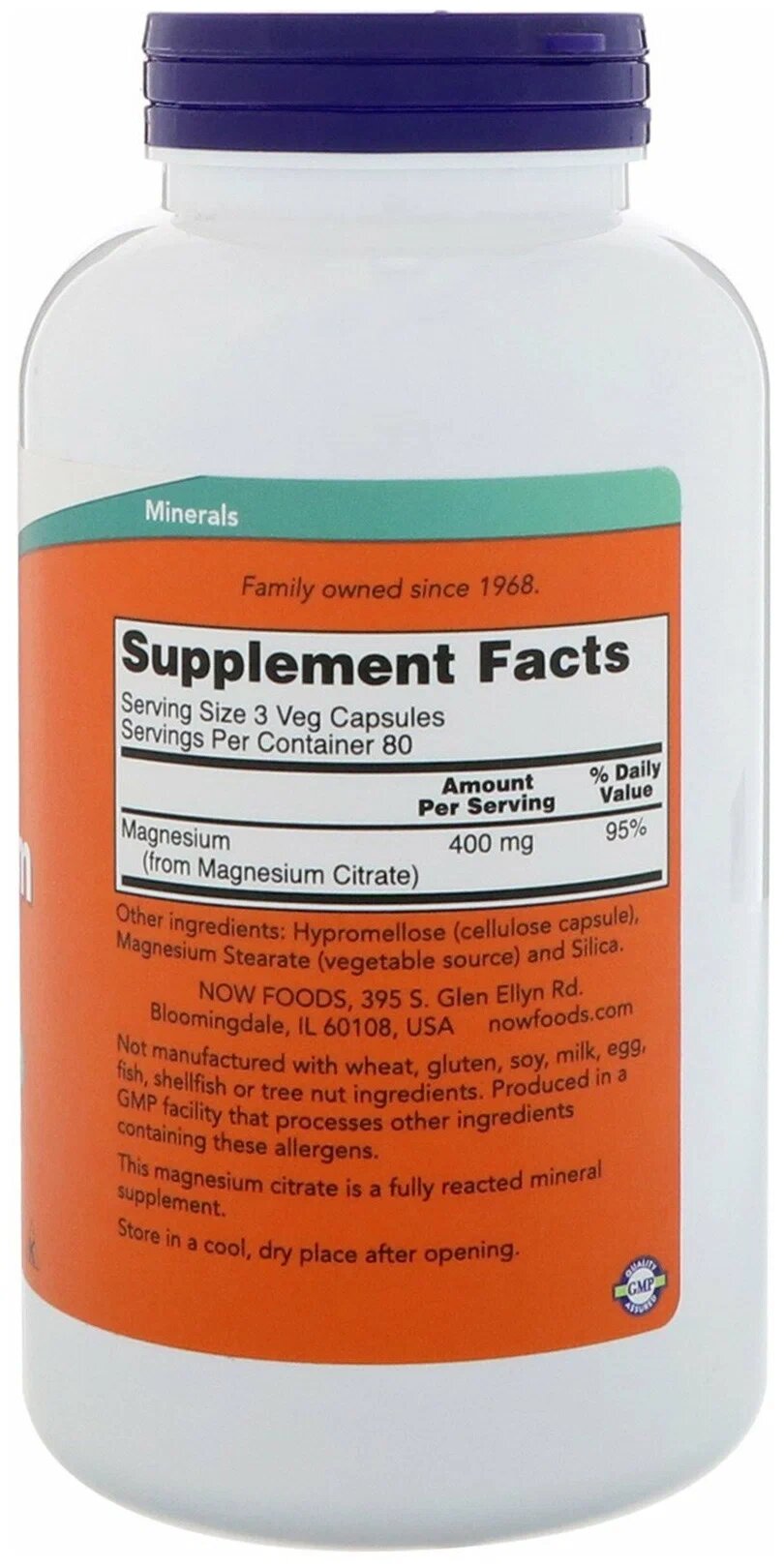 "NOW Magnesium Citrate 400mg 240caps" - 240 веганских капсул — фото 1