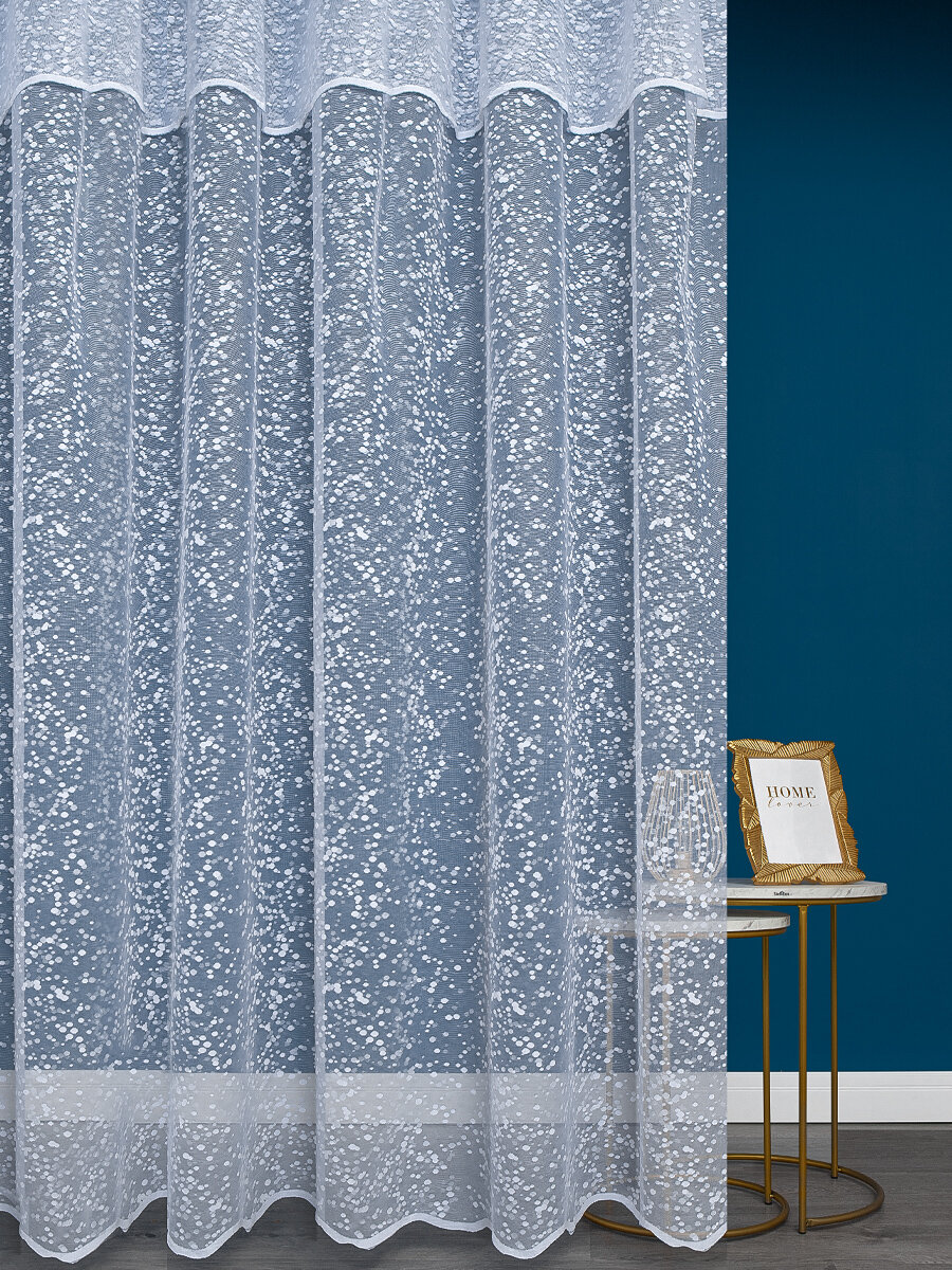 фото Тюль Amore Mio 300х270 см, для спальни, гостинной, кабинета, кухни, детской, жаккард, белый с рисунком точки