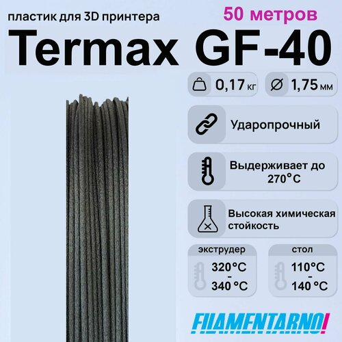 PPS Termax GF-40 черный моток 50 м, 1,75 мм, пластик Filamentarno для 3D-принтера