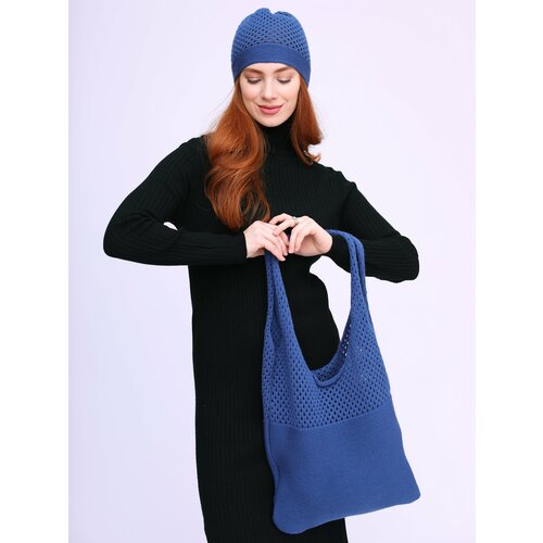 фото Сумка авоська mi ropa сумка-шоппер на плечо + вязаная шапочка в подарок, фактура вязаная, синий
