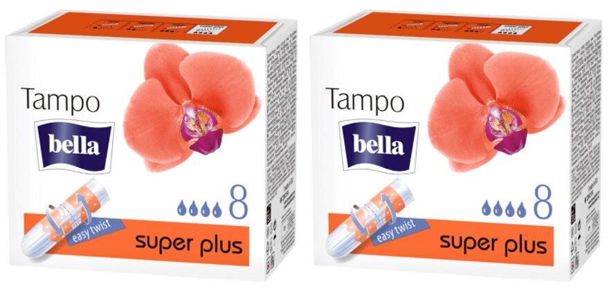 BELLA Тампоны женские гигиенические без аппликатора premium comfort марки tampo bella Super Plus,8 шт/уп, 2 уп