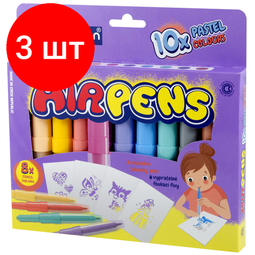 Комплект 3 шт, Фломастеры воздушные Centropen AirPens Pastel, 10цв.+8 трафаретов, картон. упаковка, европодвес фломастеры воздушные centropen airpens dinosaur 05цв 1 черный фломастер 8 трафаретов картон упаковка