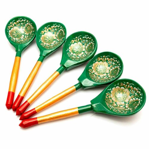 Деревянная ложка столовая с росписью - Золотая Кудрина 19 см Набор 5 шт 1199₽