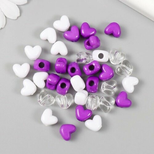 Бусины пластик Сердце. Фиолетовый, белый, прозрачный набор 20 гр 1,2х0,9х0,8 см