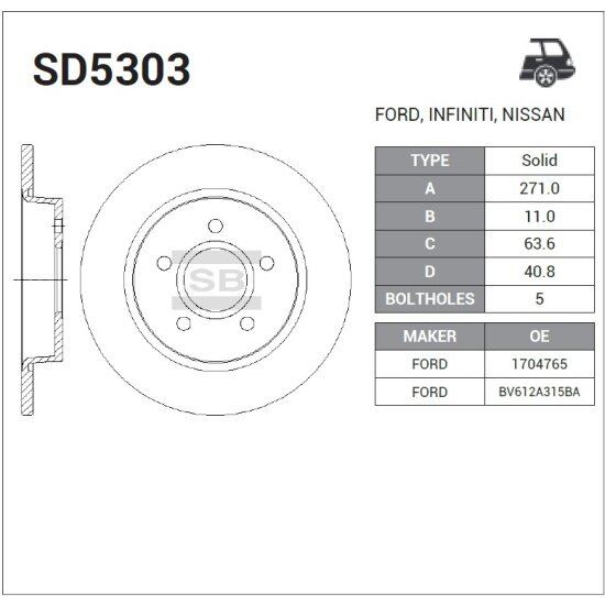 Диск тормозной задний Sangsin Brake для Ford Focus III 2011->, 1 шт