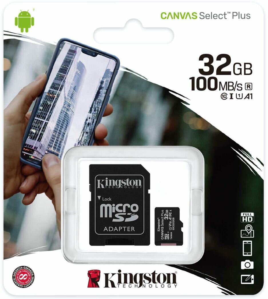 Карта памяти Kingston microSDHC 32 ГБ Class 10, V10, A1, UHS-I, R/W 100/10 МБ/с, адаптер на SD