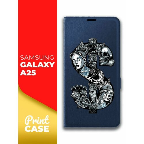 Чехол на Samsung Galaxy A25 (Самсунг Галакси А25) синий книжка эко-кожа подставка отделение для карт магнит Book case, Miuko (принт) Доллар тату чехол на samsung galaxy a25 самсунг галакси а25 фиолетовый книжка эко кожа подставка отделение для карт магнит book case miuko принт змея узор