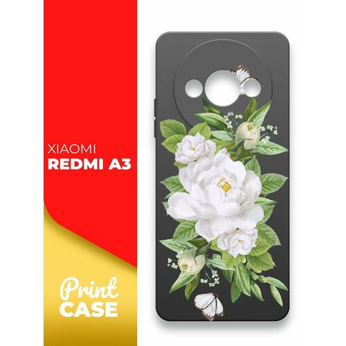 Чехол на Xiaomi Redmi A3 (Ксиоми Редми А3) черный матовый силиконовый с защитой (бортиком) вокруг камер, Miuko (принт) Цветы белые чехол на xiaomi redmi a3 ксиоми редми а3 прозрачный силиконовый с защитой бортиком вокруг камер miuko принт цветы белые