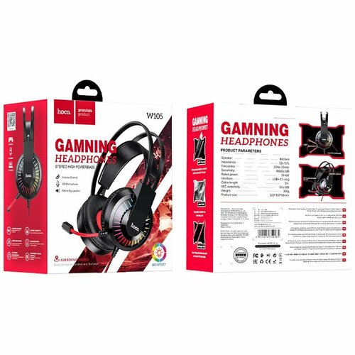 Наушники игровые с микрофоном Hoco W105 USB и 35мм штекер - красный 1850₽