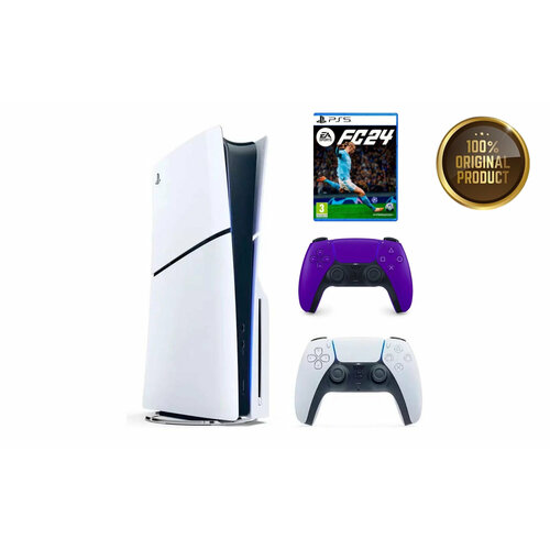 Игровая приставка Sony PlayStation 5 Slim, с дисководом, 1 ТБ, два геймпада (белый и фиолетовый), Fifa 24