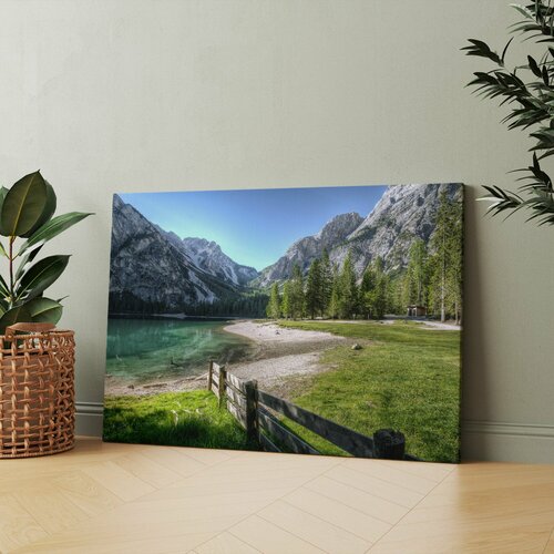 Картина на холсте (горное озеро рисунок пейзаж природа) 60x80 см/для интерьера/в комнату/на стену/в подарок