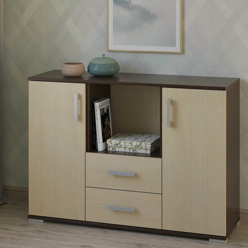 Изображение товара Широкий двухдверный комод с двумя ящиками и открытой нишей МагМебель №64 венге, дуб молочный