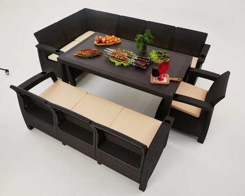 Изображение товара Комплект садовой мебели из ротанга Set 5+3+1+обеденный стол 153х79, с комплектом бежевых подушек