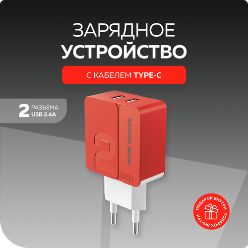 Сетевое зарядное устройство 2USB 2.4A в комплекте с дата-кабелем Type-C More choice NC46a 1м Red
