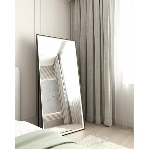 Зеркало в полный рост напольное, большое зеркало с ногой в серой алюминиевой раме, с LED подсветкой, 170х60см, DoorMebel.