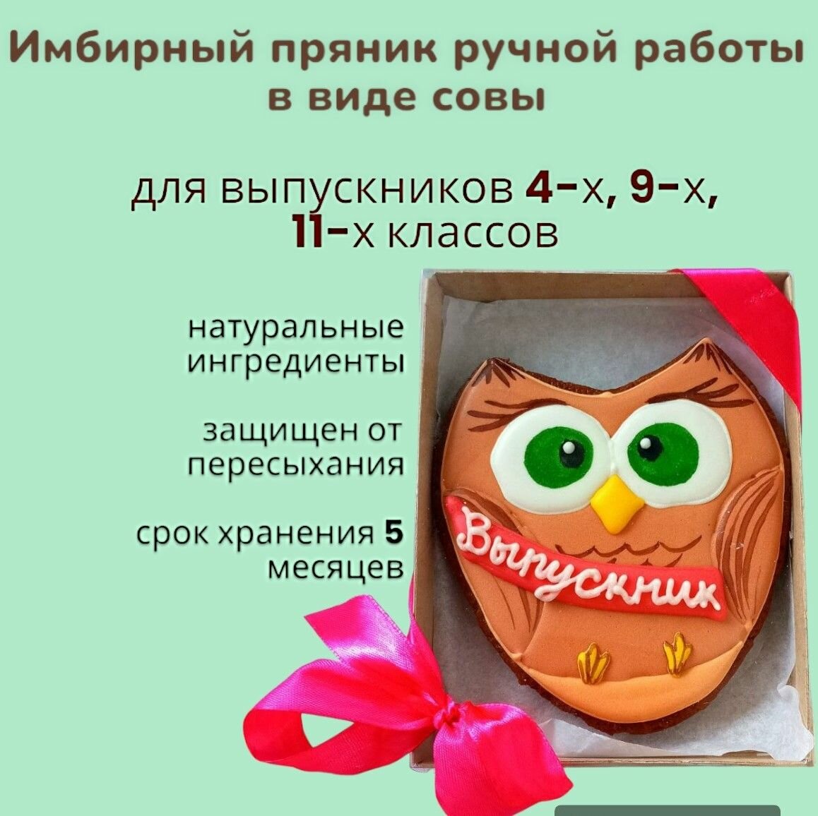 Имбирный пряник ручной работы в виде совы для выпускников 4-х, 9-х, 11-х классов - фотография № 1