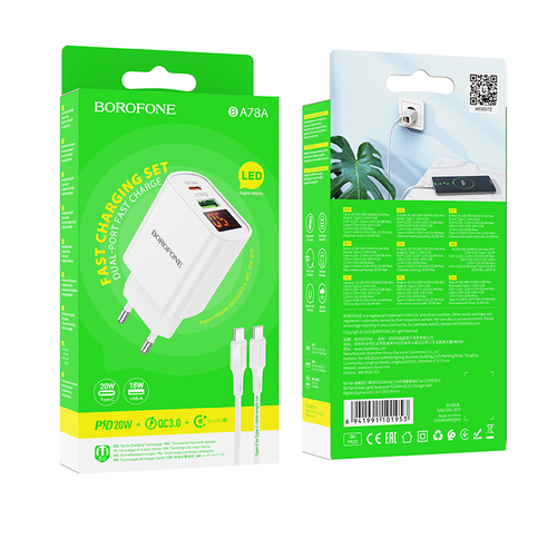 сетевое зарядное устройство borofone ba78a usb type c 20w qc3 0 pd led цвет белый 1 шт Сетевое зарядное устройство Borofone BA78A + кабель Type-C to Type-C 1 м, белый