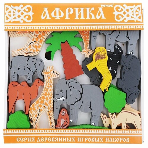 фото Деревянный конструктор с фигурками животных томик "африка", сюжетно-игровой набор из 35 деталей