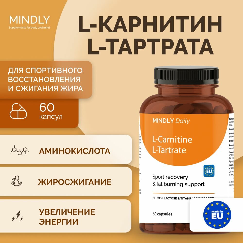 БАД, жиросжигатель для похудения и увеличения энергии MINDLY Daily L-Carnitine L-Tartrate (L-карнитин L-тартрат), спортивное питание, добавки для женщин и мужчин, 60 капсул