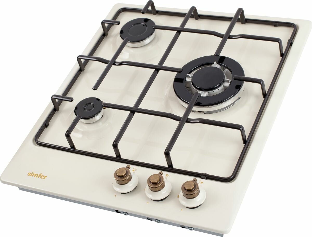 Встраиваемая газовая варочная панель Simfer H45V35O517 бежевого цвета на 3 конфорки шириной 45 см с Wok-конфоркой