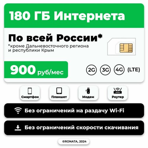 SIM-карта 180 гб интернета 3G/4G/LTE за 900 руб/мес (модемы, роутеры) + раздача, торренты (Россия) sim карта 100 гб интернета 3g 4g за 500 руб мес смартфоны модемы роутеры планшеты раздача и торренты вся россия