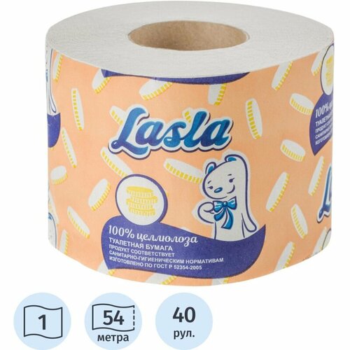 Туалетная бумага КНР "Lasla", 1 слой, белая, тиснение, перфорация, 100% целлюлоза, 54 м, 40 рулонов