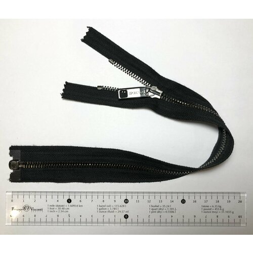 Молния металлическая разъёмная чёрная-основа тёмн никель- звено и бегунок с логотипами на хвостике SportMax Т5 - 33см 1зам 1шт Opti Италия 600₽