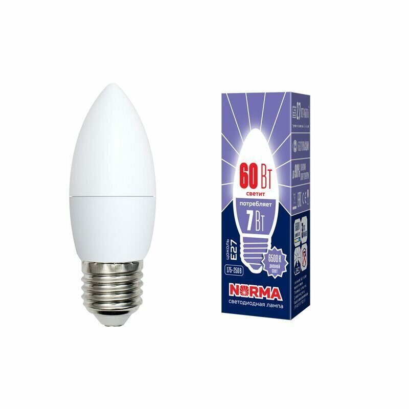 Лампа светодиодная форма свеча матовая. Серия Norma. Дневной белый свет (LED-C37-7W-DW-E27-FR-NR)