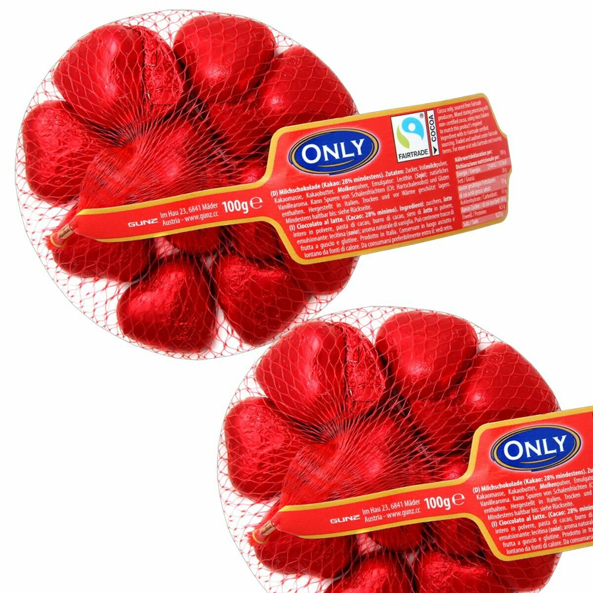 Фигурный шоколад молочный ONLY "Сердечки" 2 шт по 100 г, Hearts milk chocolate в сетчатом пакете, из Европы — фото 1