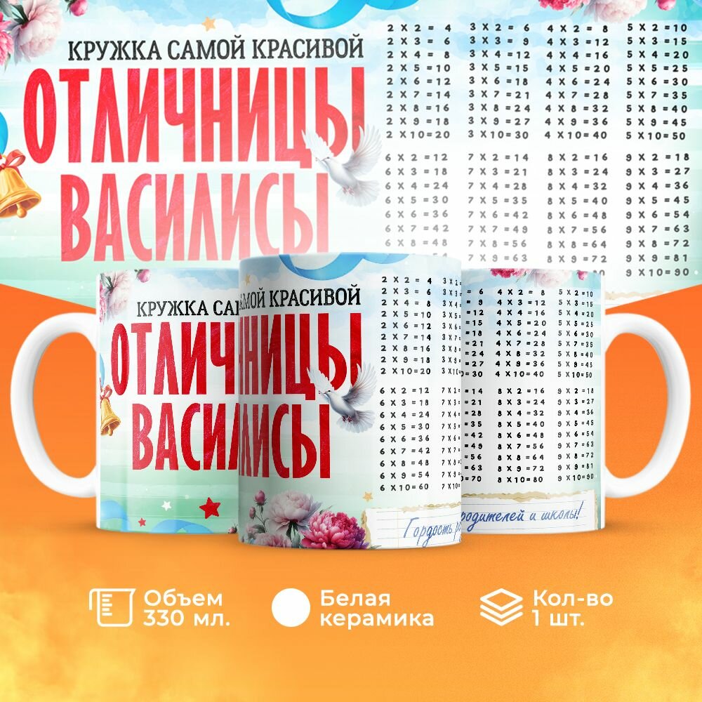 Кружка, "Самой красивой отличницы Василисы", на день рождения дочки, в подарок для девочки, внучки с таблицей умножения 330 мл