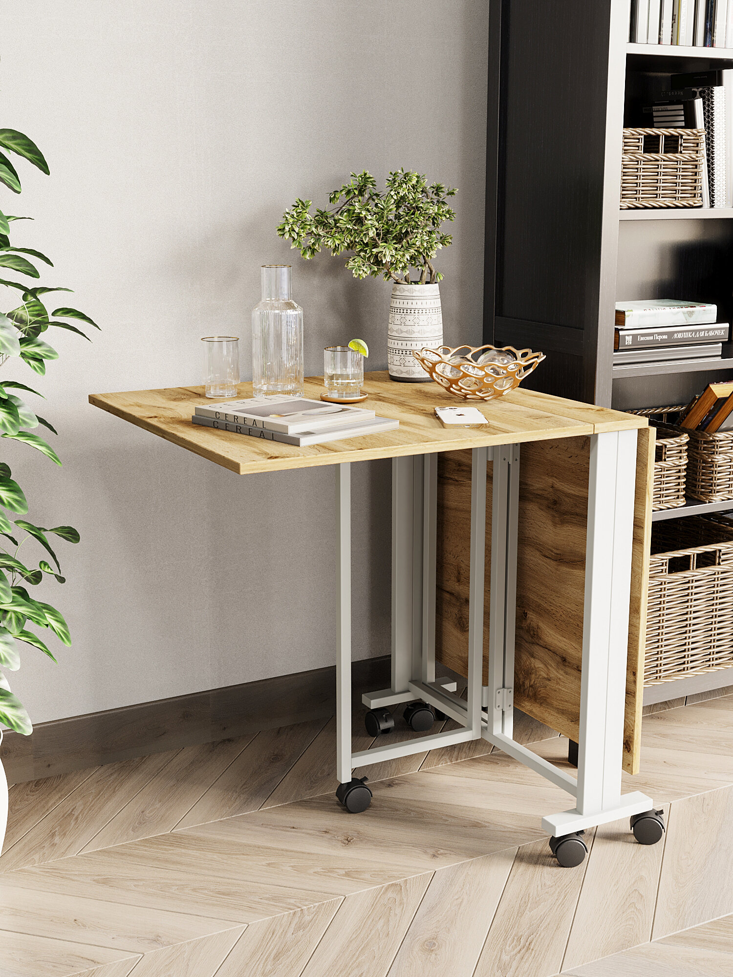 Стол-книжка для кухни и гостиной раскладной узкий компактный KM LOFT белый/вотан