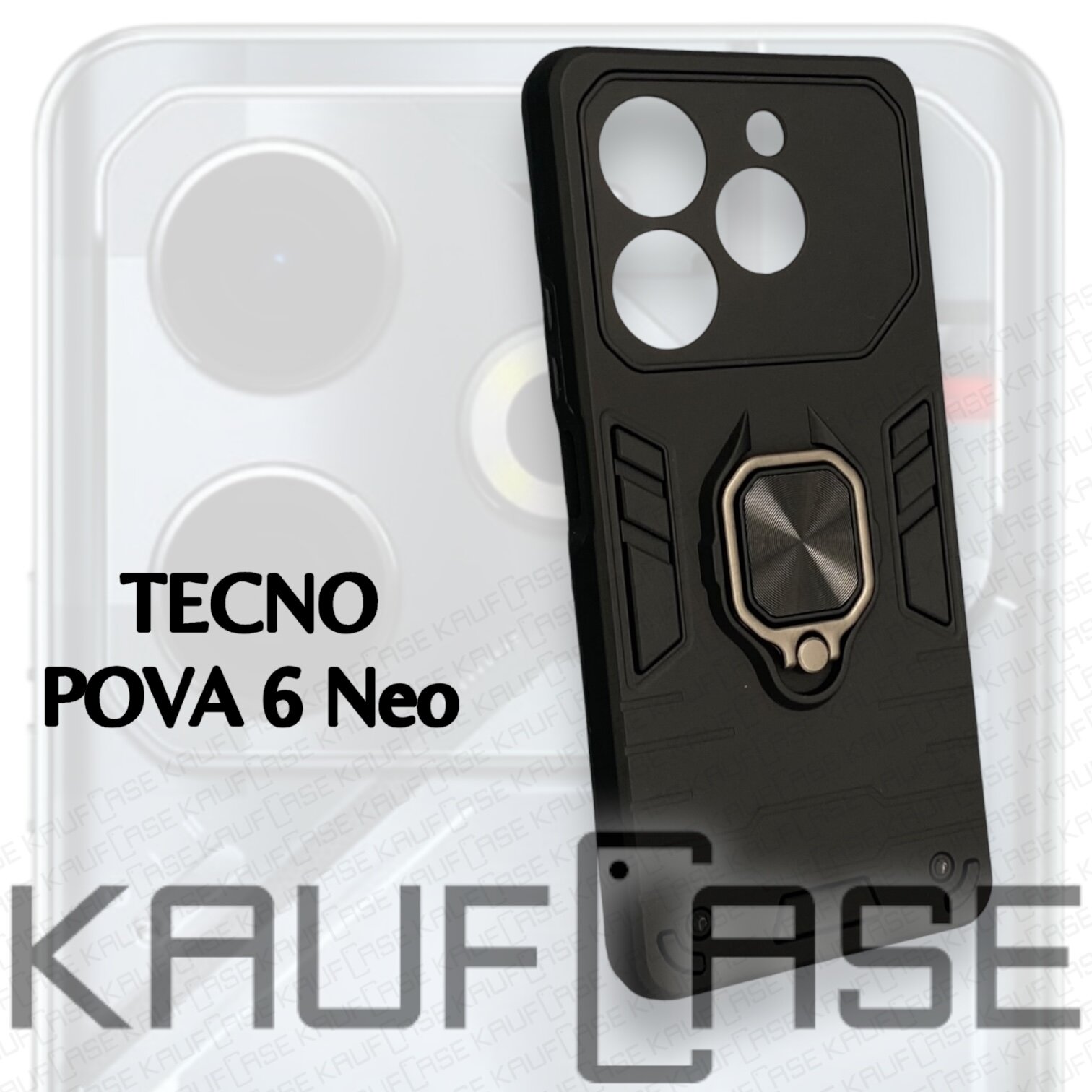 Противоударный чехол на Tecno Pova 6 NEO (6.78"), черный. Кольцо-держатель и магнитное крепление, яркие пластиковые защитные вставки — фото 1