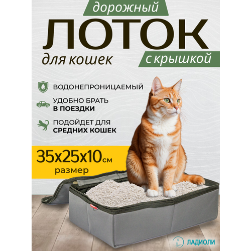 Лоток для кошек с крышкой Ладиоли М-96К, серый, дорожный, 35х25х10 см, размер M