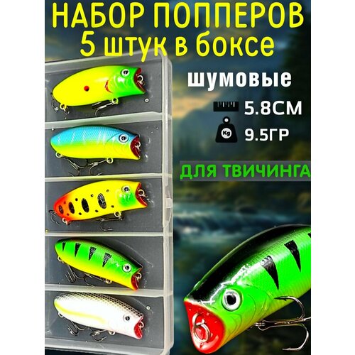 Набор воблеров Поппер шумовой 5.8см 9.5гр 5 шт в кейсе / Попперы для рыбалки на хищника
