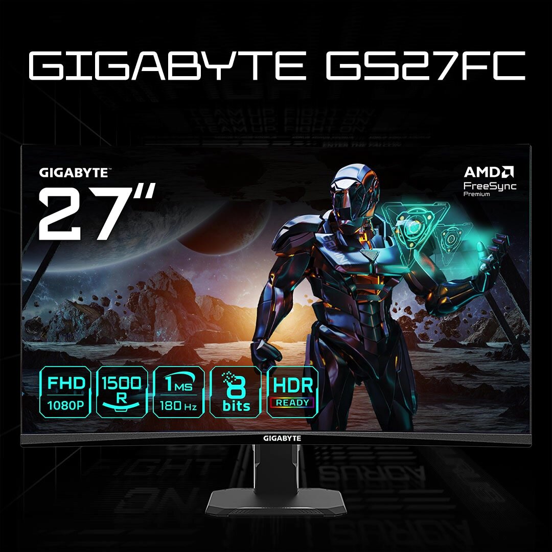 Монитор с изогнутым экраном Gigabyte GS27FC черный, диагональ 27", разрешение 1920x1080, 180 Гц — фото 1
